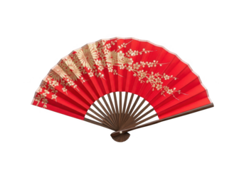 Vibrant red folding fan with intricate golden floral design traditional asian accessory transparent background
