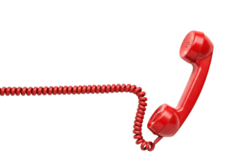 Retro red telephone handset with coiled cord extended against a dark void transparent background