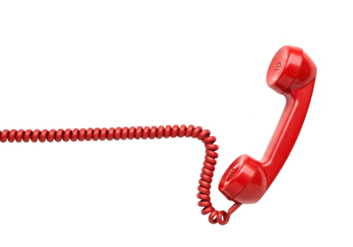 Retro red telephone handset with coiled cord extended against a dark void transparent background