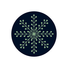 Circle sticker with snow flake line symbol in green on a navy background. Christmas and xmas icon for winter holiday decoration as package lid. Snowflake style adds festive theme.