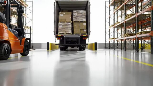 Forklift loading boxes into a trailer at a distribution center.