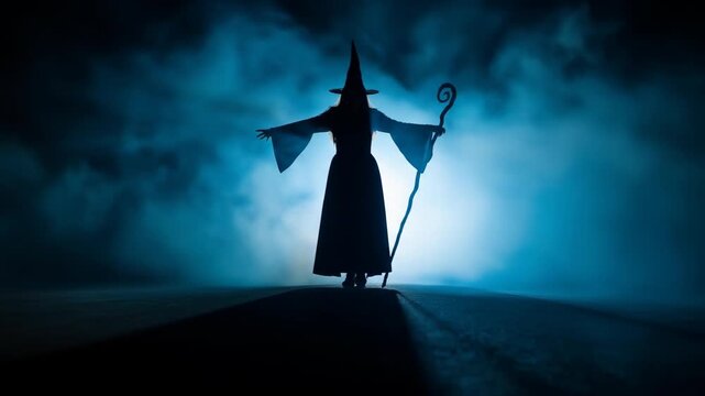 Silhouette of a witch holding a staff against a smoky blue background
