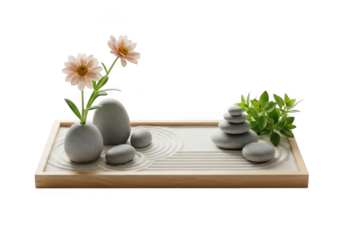Serene zen garden miniature with delicate flowers and smooth river stones transparent background
