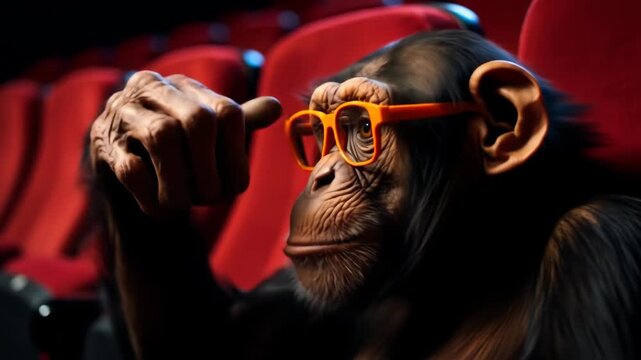 Chimpanzee wearing glasses watching a movie in a theater