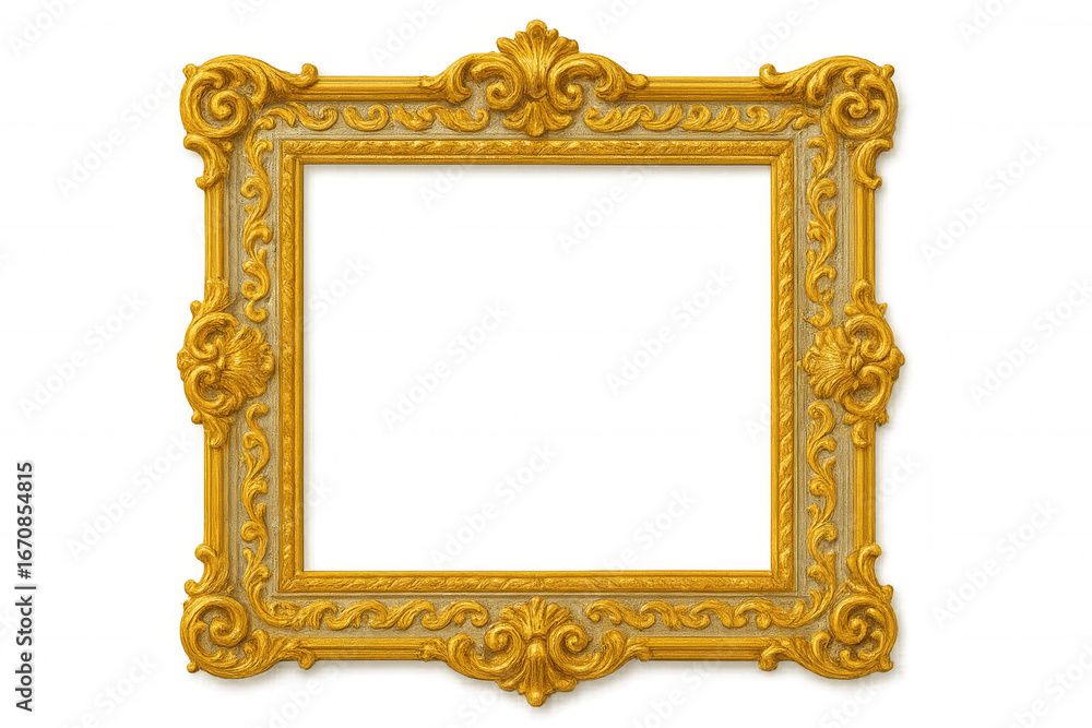 Poster elegant golden frame with intricate detailing, featuring a transparent center for easy image placeme
