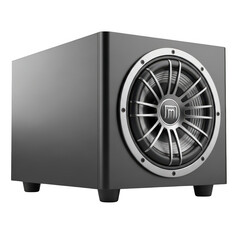 Powerful cube subwoofer with silver grille isolated on transparent background