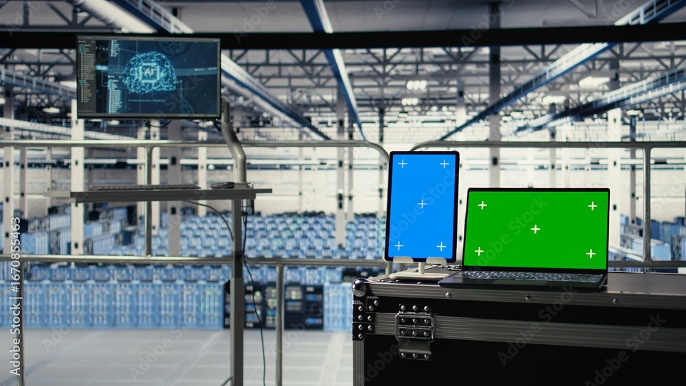 Aufkleber green screen notebook and mockup tablet in industrial data center using artificial intelligence tech