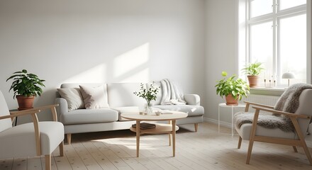 Bright modern living room featuring a stylish sofa, cozy armchairs, and abundant natural light.