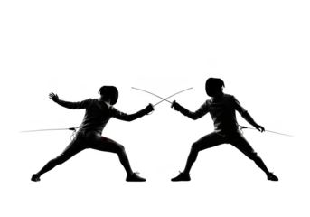 Dynamic silhouette of two fencers engaged in intense sword combat during a match transparent background