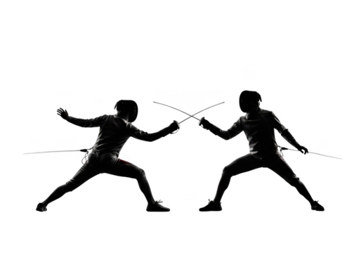Dynamic silhouette of two fencers engaged in intense sword combat during a match transparent background