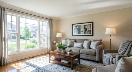Fototapeta premium Inviting living room with large windows, comfortable sofa, and modern decor bathed in natural light
