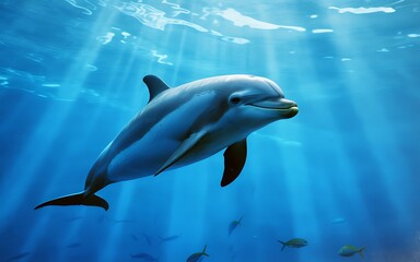Obraz premium A majestic dolphin swims gracefully through clear blue ocean water with sunbeams filtering from above