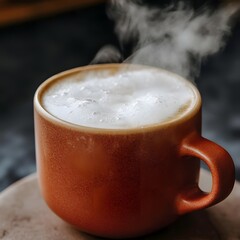 Steaming Hot Latte Coffee in Rustic Mug