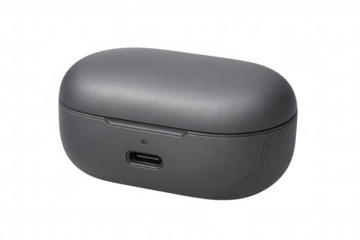 Sleek gray wireless earbud charging case with usb-c port, resting against transparent backdrop
