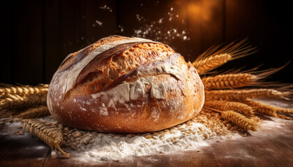 a freshly baked rustic loaf of bread with a hearty crust surrounded by a scattering of flour and wheat grains