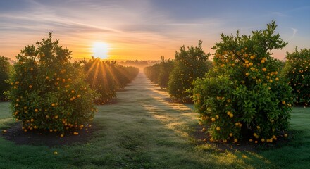 Obraz premium Vibrant orange grove bathed in golden sunrise light, fresh fruit ready for harvest in morning mist
