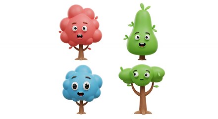 Four colorful cartoon trees with expressions