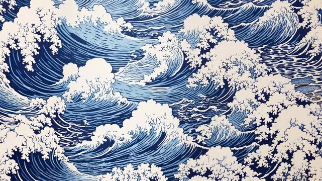 Aerial view of a wave pattern in a Japanese art style, resembling a classic woodblock print. Ideal for video backgrounds or design projects. Live desktop wallpaper.