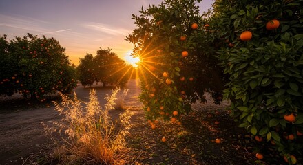 Vibrant orange grove bathed in golden sunset light, ripe fruit on trees, serene natural beauty.
