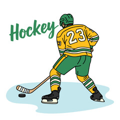 hockey player with a stick and a puck in a yellow and green jersey number 23 cartoon illustration