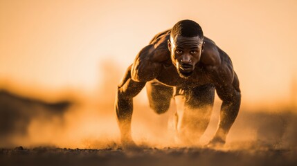 Man Training in the Desert at Sunset Demonstrating Intense Physical Endurance and Focus While Crawling on the Ground