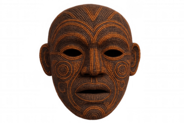 Wooden tribal mask with intricate swirling patterns, showcasing rich cultural heritage, isolated on transparent background