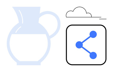 Glass pitcher containing milk, stylized share icon, and cloud-thumbs up design emphasizing connectivity, modern technology, sharing, data exchange, collaboration, minimalism. Ideal for food industry