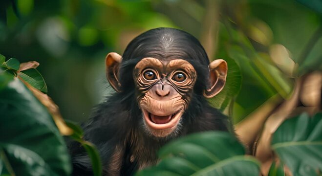Closeup of a Blue-Faced Monkey Smiling Through Green Foliage