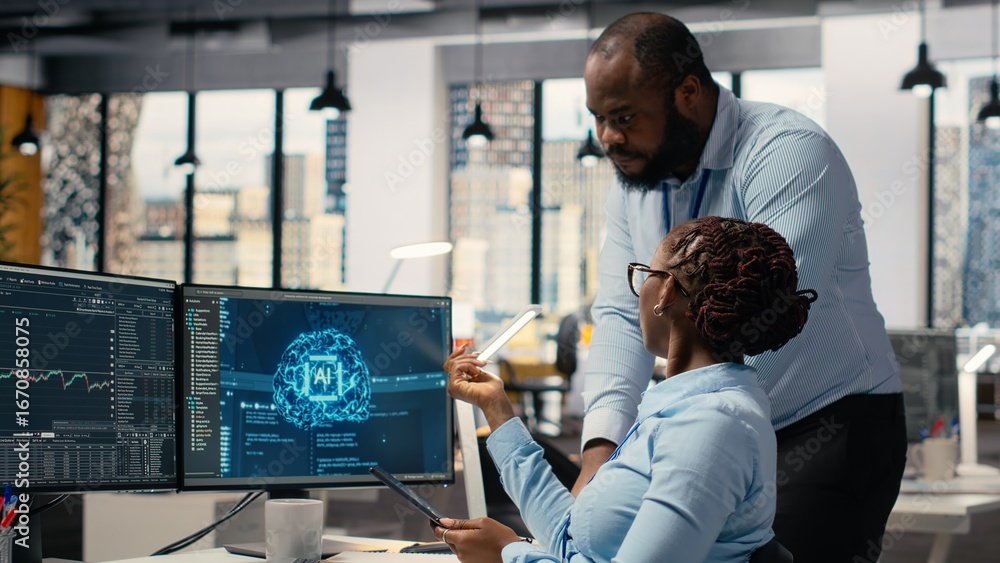 Poster prop firm staff members using artificial intelligence tech to ensure smooth trading operations. team