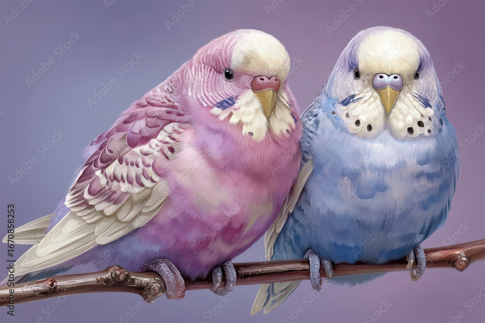 Poster charming parakeets perched on a branch displaying soft pastel hues and intricate feather details con