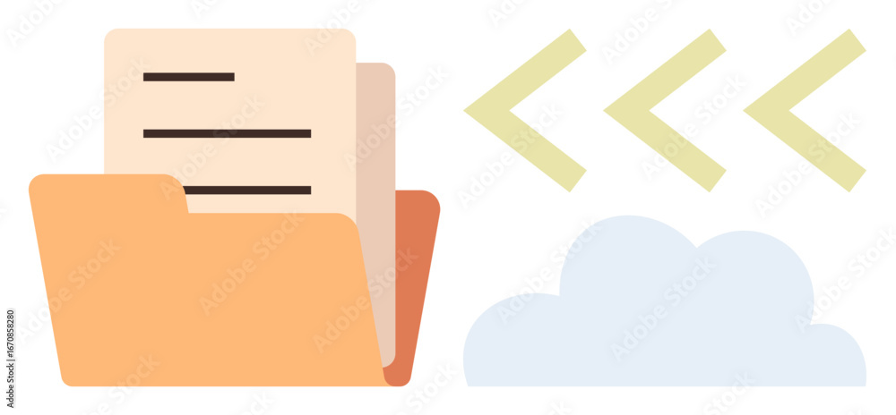Poster open folder holding documents with arrows pointing to a cloud symbolizing file transfer, sharing, an