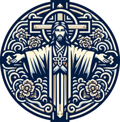 Christian_Icon_Artwork_–_Jesus_with_Halo,_Open_Arms,_Cross,_Waves,_and_Ornaments