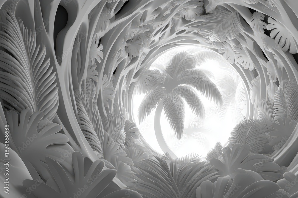 Aufkleber enigmatic realm of soft white palm leaves creating a serene backdrop leading to an ethereal light so