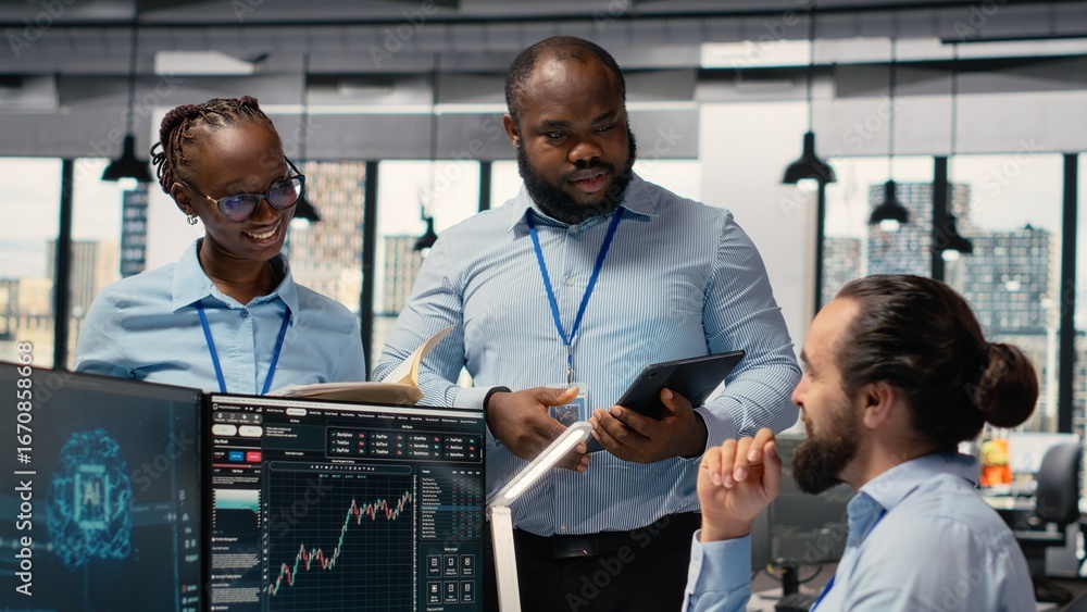Poster teamworking traders in prop firm office leverage ai tech to interpret charts, optimizing buying and 