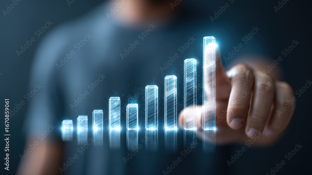 Aufkleber person interacts with digital graph, showcasing upward trend in data visualization. glowing bars rep