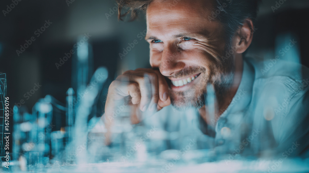 Poster smiling man looking at digital data visualization, engaged in technology and innovation, showcasing 