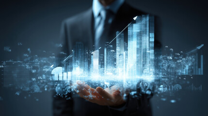 Business professional in suit holds holographic display of financial data and skyscrapers, symbolizing growth and innovation in corporate world. image conveys sense of progress and technology