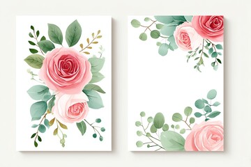set of wedding invitation cards with watercolor roses and eucalyptus leaves, elegant floral stationery