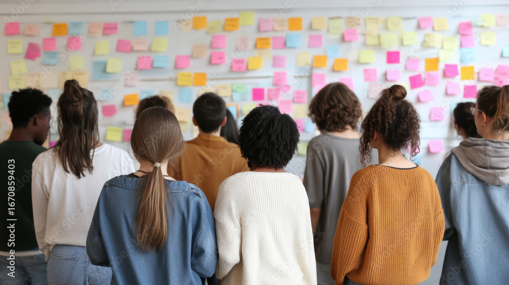 Poster creative brainstorming session with diverse individuals observing colorful sticky notes on wall, sho
