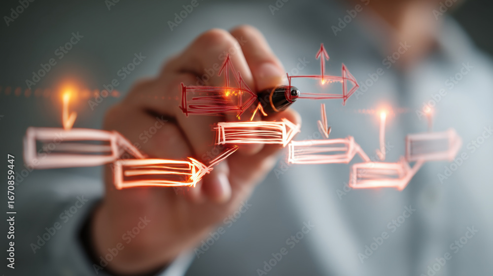 Poster businessman drawing flowchart with arrows and boxes, representing process management and strategy de