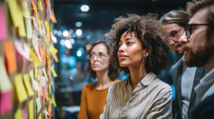 Creative professionals collaborate in modern workspace, analyzing colorful sticky notes on wall. Their focused expressions reflect teamwork and innovation in dynamic environment
