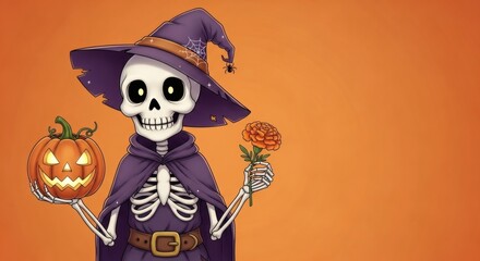 Skeleton Witch with Pumpkin and Flower on solid Orange Halloween Background 