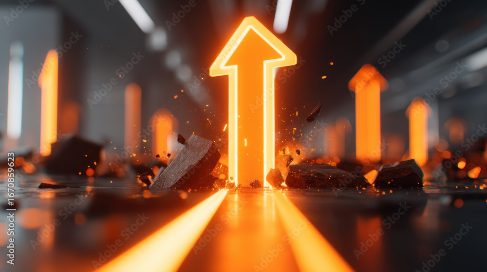 Poster bright orange arrow symbolizing progress, surrounded by debris and glowing lines on dark surface, cr