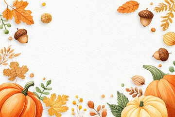 autumn watercolor frame with pumpkins, golden leaves and acorns, warm seasonal border