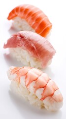 Sushi close up showcasing salmon tuna and shrimp nigiri with luminous toppings precise rice grains and a refined product display aesthetic