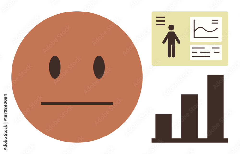 Poster minimalist neutral face paired with visual data elements, including a bar chart and infographic pane