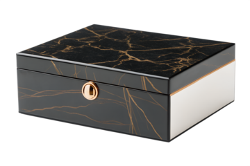 Elegant black and white jewelry box with a luxurious golden marble pattern and a shiny lock, isolated on a clean white studio background