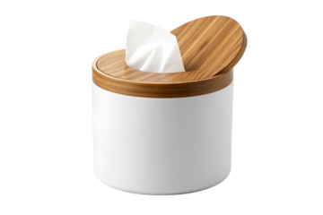 Sleek modern white ceramic tissue dispenser with a stylish wooden lid, offering easy access to tissues. A clean and elegant home accessory for contemporary interior design, isolated