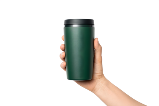 A person holding a stylish dark green reusable insulated travel mug with a secure black lid, isolated on a clean white studio background for product mockup