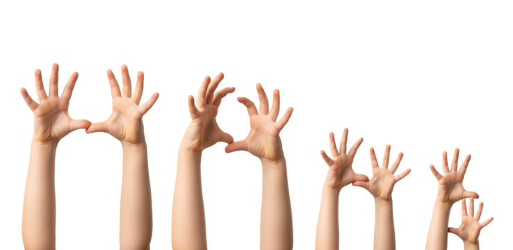Kids childs hand gestures showing size from big to small. Holding something invisible, isolated on white. Grabbing, seizing set.